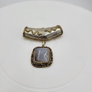 Vintage Tribal Pendant Brass Silver Gray Stone Snake Motif Artisan Chunky
